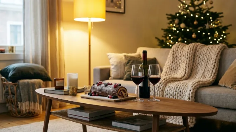 집에서 즐기는 배달 크리스마스 케이크와 와인 홈파티
