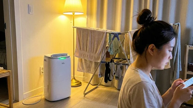 원룸 빨래 건조와 제습기 사용 모습