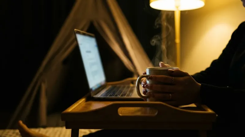 따뜻한 겨울밤 원룸 침대 위 노트북과 따뜻한 차