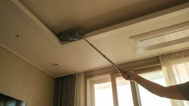 손이 닿지 않는 천장 몰딩과 커튼 박스 먼지를 청소하는 롱 먼지떨이