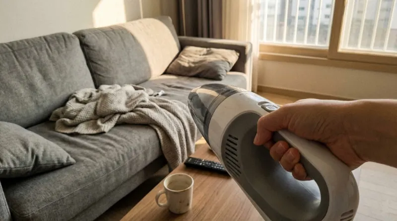 주말 대청소 시작 전 약간 어질러진 거실 풍경과 준비하는 손