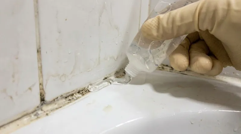 화장실 실리콘 곰팡이 제거를 위해 젤 타입을 발라둔 욕실 타일 접사