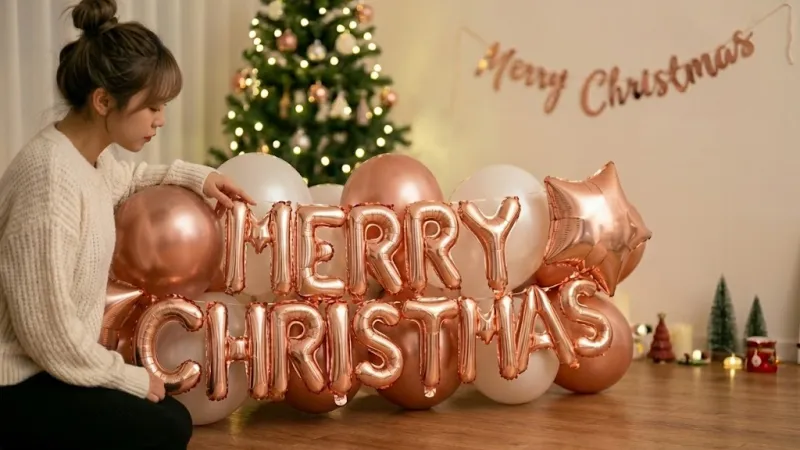 연말 홈파티 꾸미기 - 로즈골드 풍선 세트와 크리스마스 파티용품