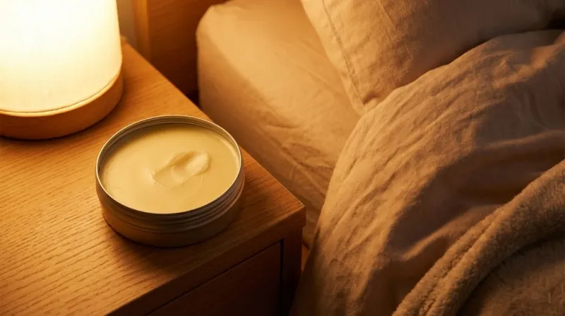 침대 옆 협탁 위 단단한 시어버터 밤 제형