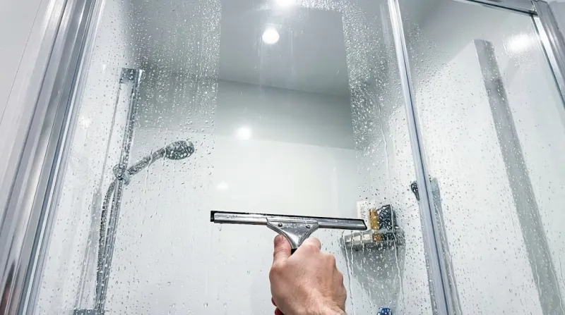 욕실 샤워부스 유리창 물때를 스퀴지로 제거하여 투명해진 모습