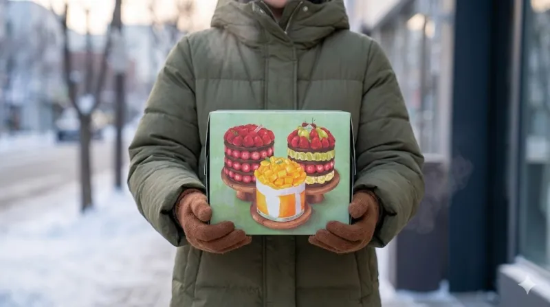 겨울 아침 성심당 케이크 오픈런 성공 후 상자를 든 모습