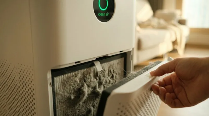 초록불이지만 먼지 쌓인 공기청정기 내부