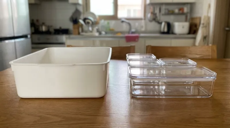 다이소 냉장고 정리 트레이와 실리쿡 납작이 용기 비교