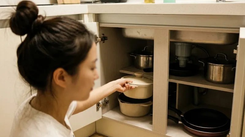 허리를 굽히지 않고 3초 만에 냄비를 꺼내는 효율적인 주방 동선