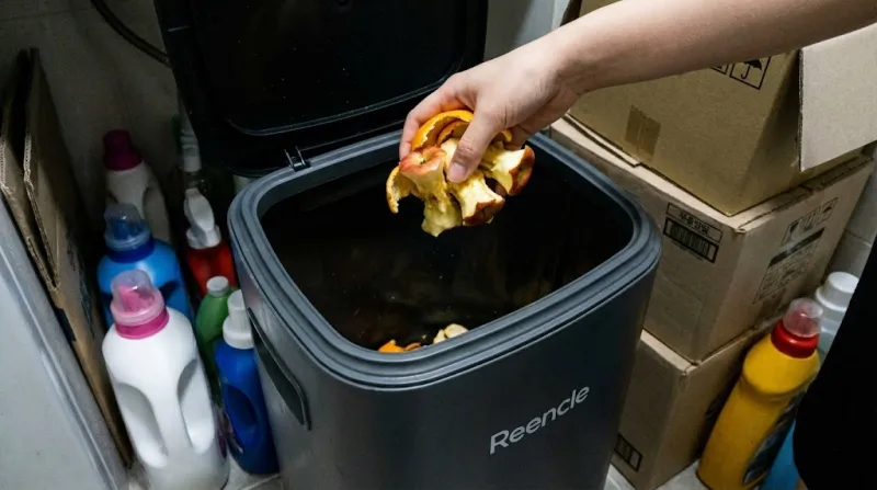 린클 음식물처리기에 과일 껍질을 수시로 투입하는 손