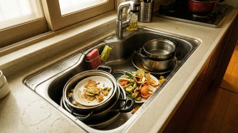 명절 음식 준비 후 싱크대에 쌓인 음식물 쓰레기 모습