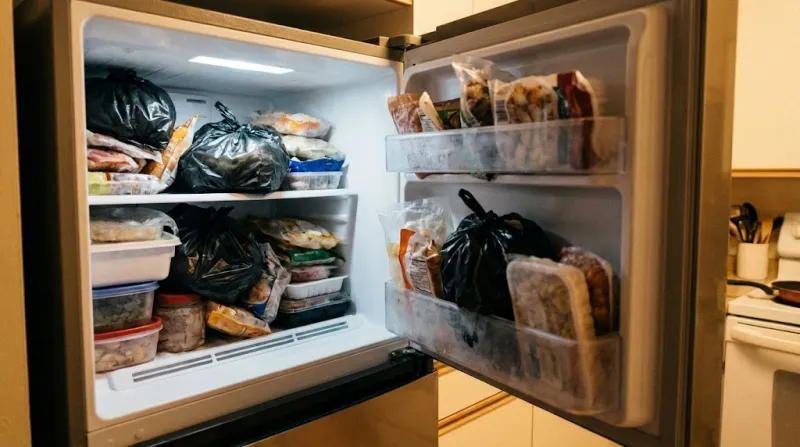 꽉 찬 냉동실 검은 비닐봉지 정리 전 모습