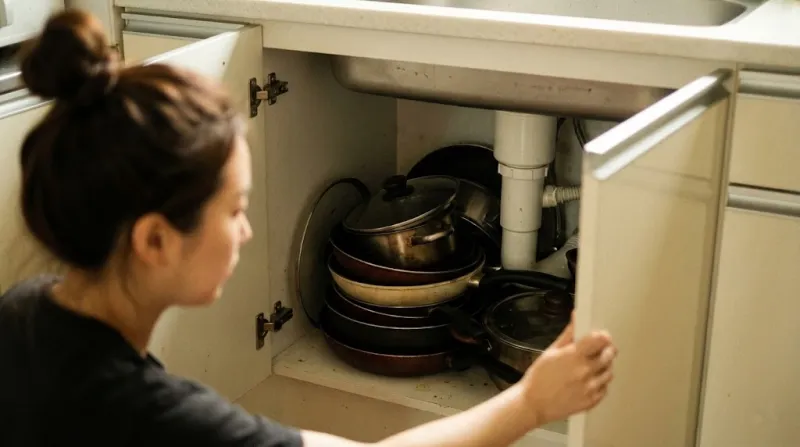 정리가 안 되어 냄비와 프라이팬이 쌓여 있는 싱크대 하부장 현실 모습