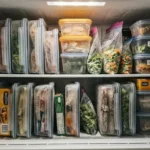 냉동실 정리 용기 - 냉동실 정리 후 납작이 용기 세로 수납 모습