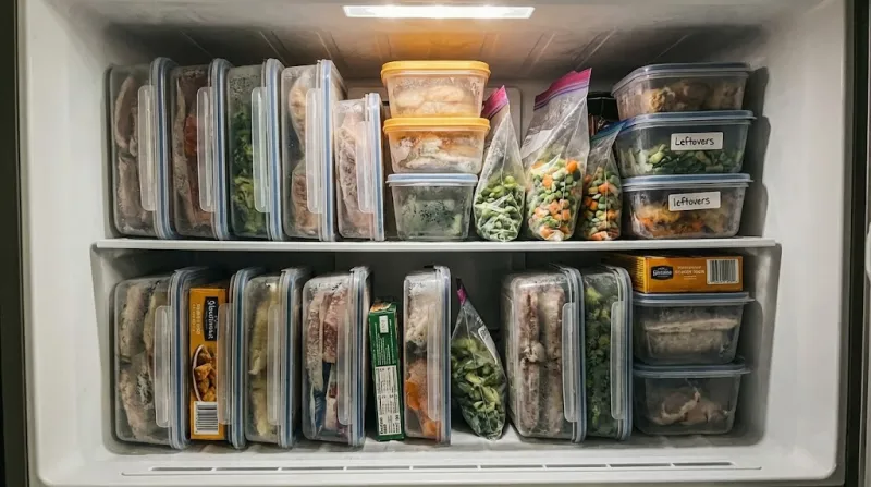 냉동실 정리 용기 - 냉동실 정리 후 납작이 용기 세로 수납 모습