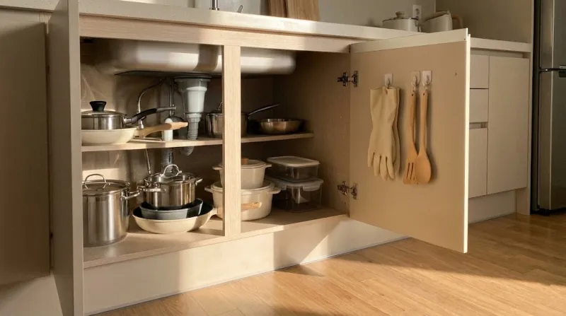 여유 공간을 남겨두고 깔끔하게 정리된 싱크대 하부장 애프터