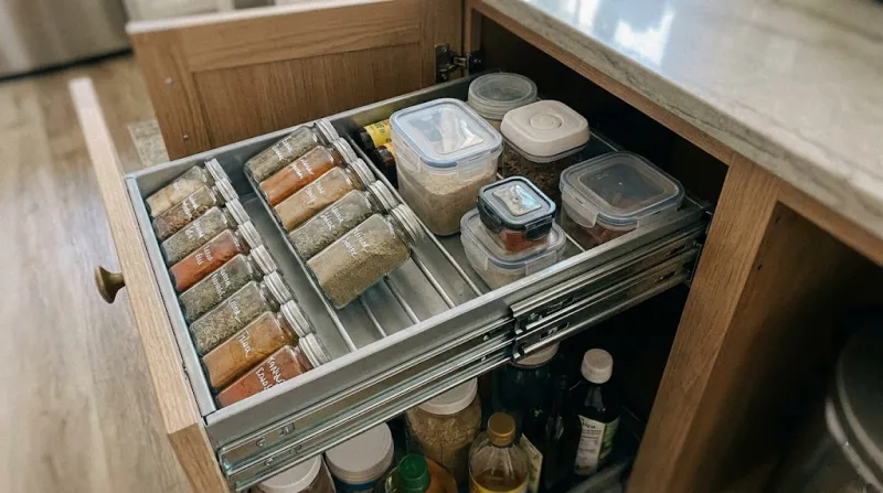 깊은 하부장 안쪽 물건을 꺼내기 쉬운 슬라이딩 수납 선반