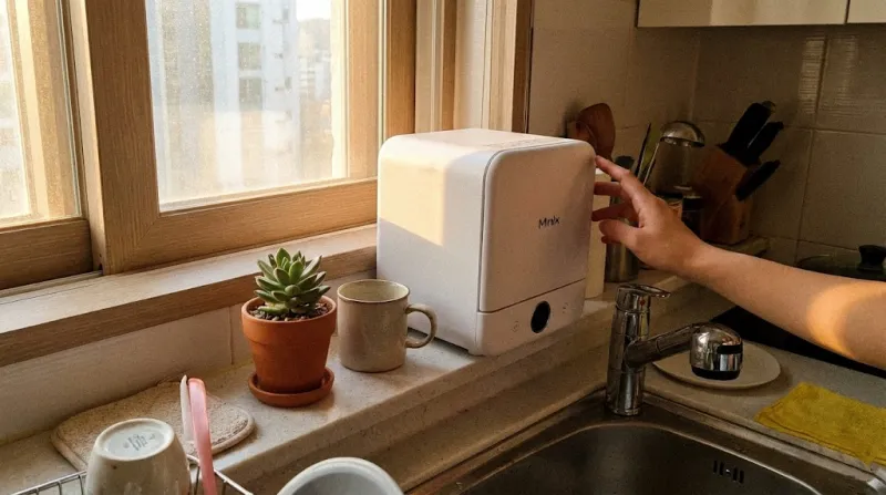 좁은 원룸 주방 틈새에 배치된 소형 음식물 건조기 미닉스