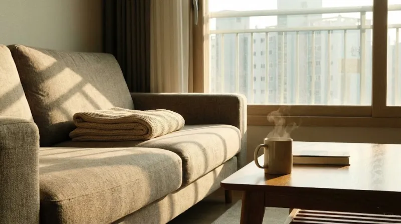 겨울철 따뜻한 거실 풍경과 담요