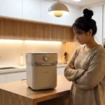 주방에 놓인 음식물처리기 옆에서 고민하는 여성의 옆모습