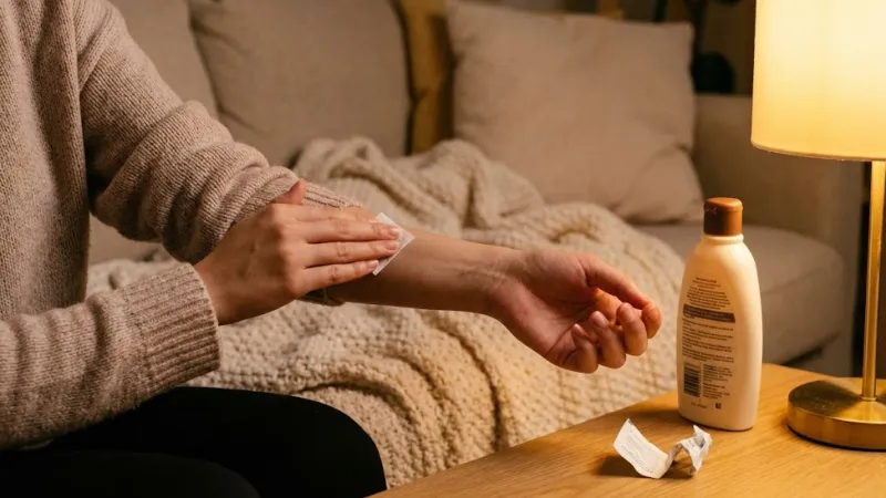 타투스티커 지우는 법 - 알콜 스왑으로 남은 끈적임을 부드럽게 닦아내는 모습