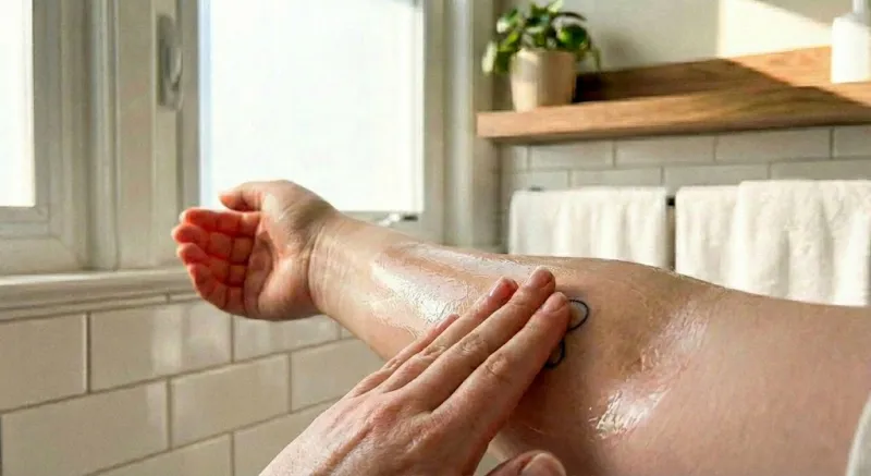 클렌징 오일로 부드럽게 타투스티커를 녹여내는 모습