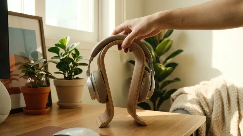 거치대에서 헤드폰을 자연스럽게 들어올리는 모습