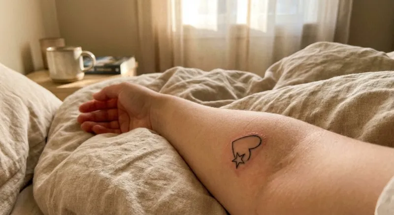 가장자리가 지저분하게 일어난 타투스티커와 약간 붉어진 피부