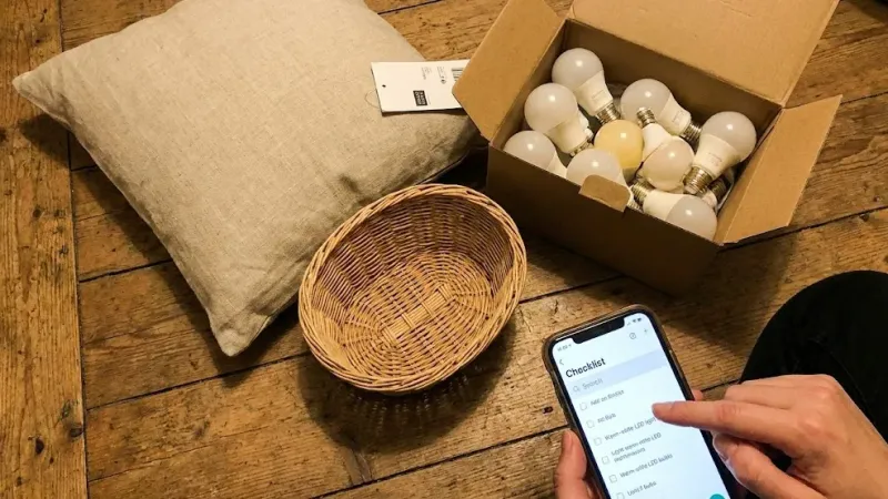 인테리어 쇼핑 체크리스트 쿠션 커버 라탄 소품 전구색 조명 손 확인