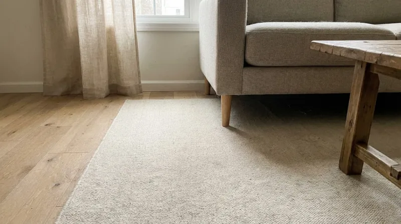 톤온톤 스타일링 대형 러그와 광목 커튼으로 넓어 보이는 거실 바닥 경계 지우기