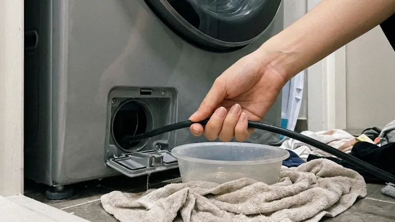 세탁기 하단 서비스 커버 열고 잔수 제거 호스 확인