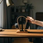 좁은 원룸 책상 위 따뜻한 우드톤 헤드폰 거치대