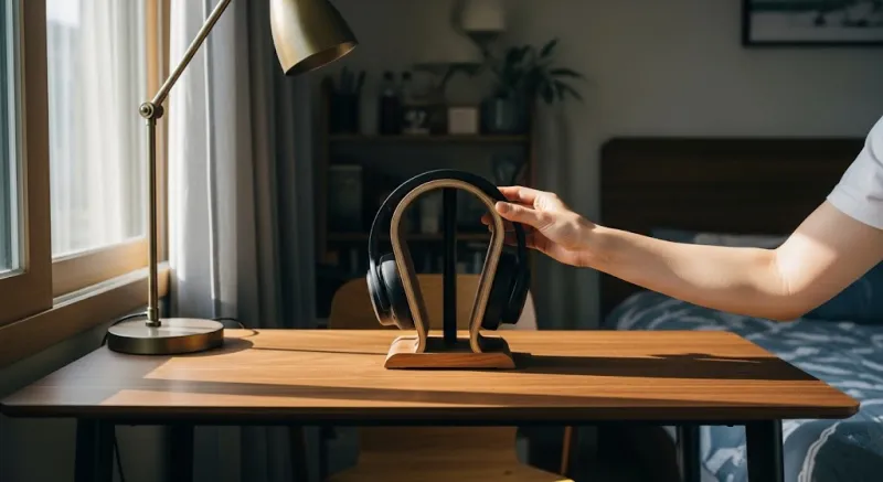 좁은 원룸 책상 위 따뜻한 우드톤 헤드폰 거치대