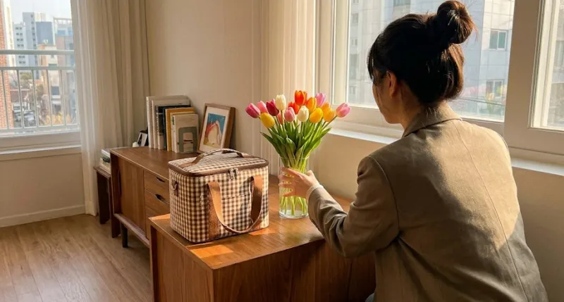 피크닉 가방 옆 튤립 화병으로 완성한 봄 인테리어