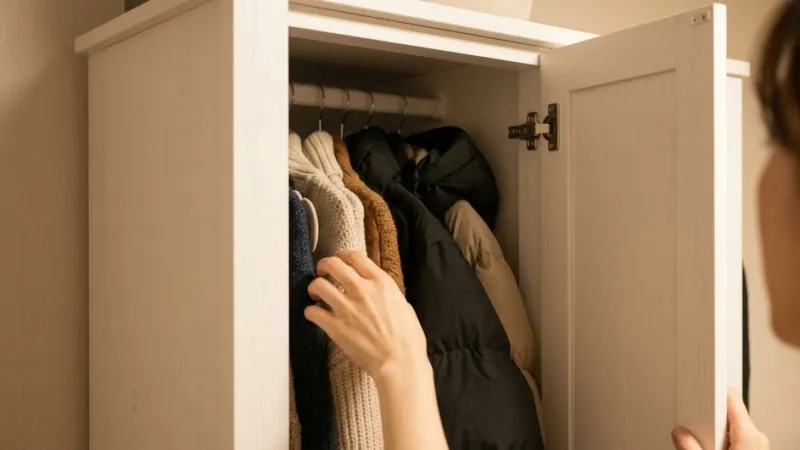 원룸 옷장 정리 전 겨울옷 패딩 수납 상태