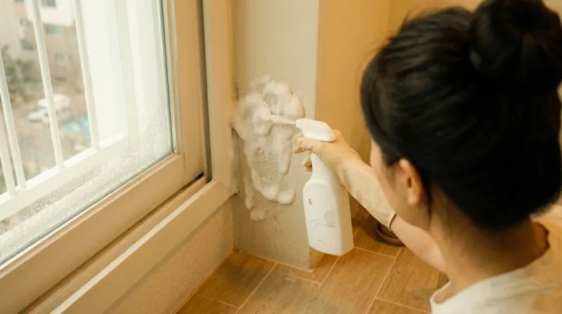 거품형 곰팡이 제거제 뿌리는 손
