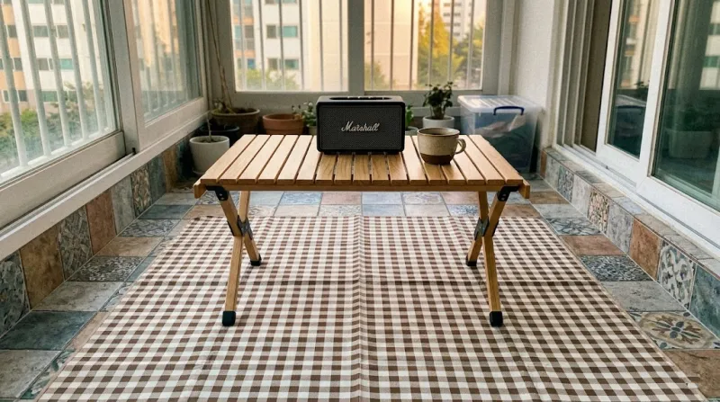 좁은 아파트 베란다 홈피크닉 매트와 우드 테이블 세팅