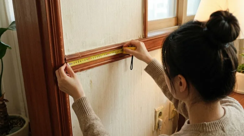 아파트 거실 벽 치수 재는 모습