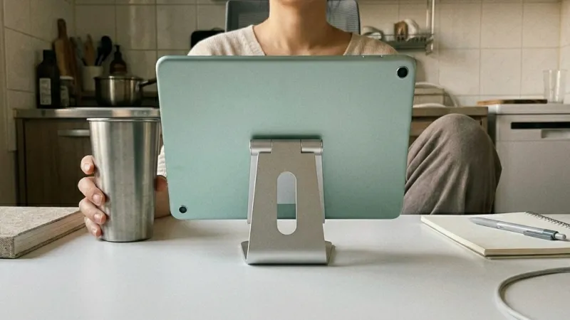 식기세척기를 돌려놓고 책상에서 태블릿을 보며 쉬는 모습