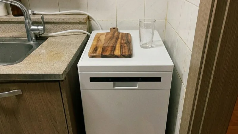 주방 자투리 공간에 설치된 타공 없는 슬림형 식기세척기