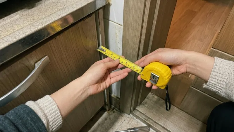 식기세척기 전세집 설치 - 전셋집 싱크대 옆 좁은 틈새를 줄자로 재는 모습