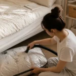 좁은 집 여름 준비 - 좁은 침실 이불 압축 팩 사용 클로즈업