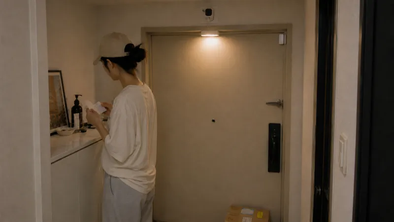 조거팬츠 차림으로 센서등 켜진 깔끔한 현관을 나서는 모습