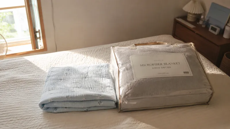 간절기 이불 - 개어둔 여름 이불 옆에 새 극세사 이불이 놓인 침실 전경