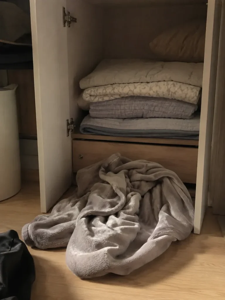 이불장을 정리하다 만 듯한 흔적, 여름 이불과 극세사 이불이 함께 놓인 모습